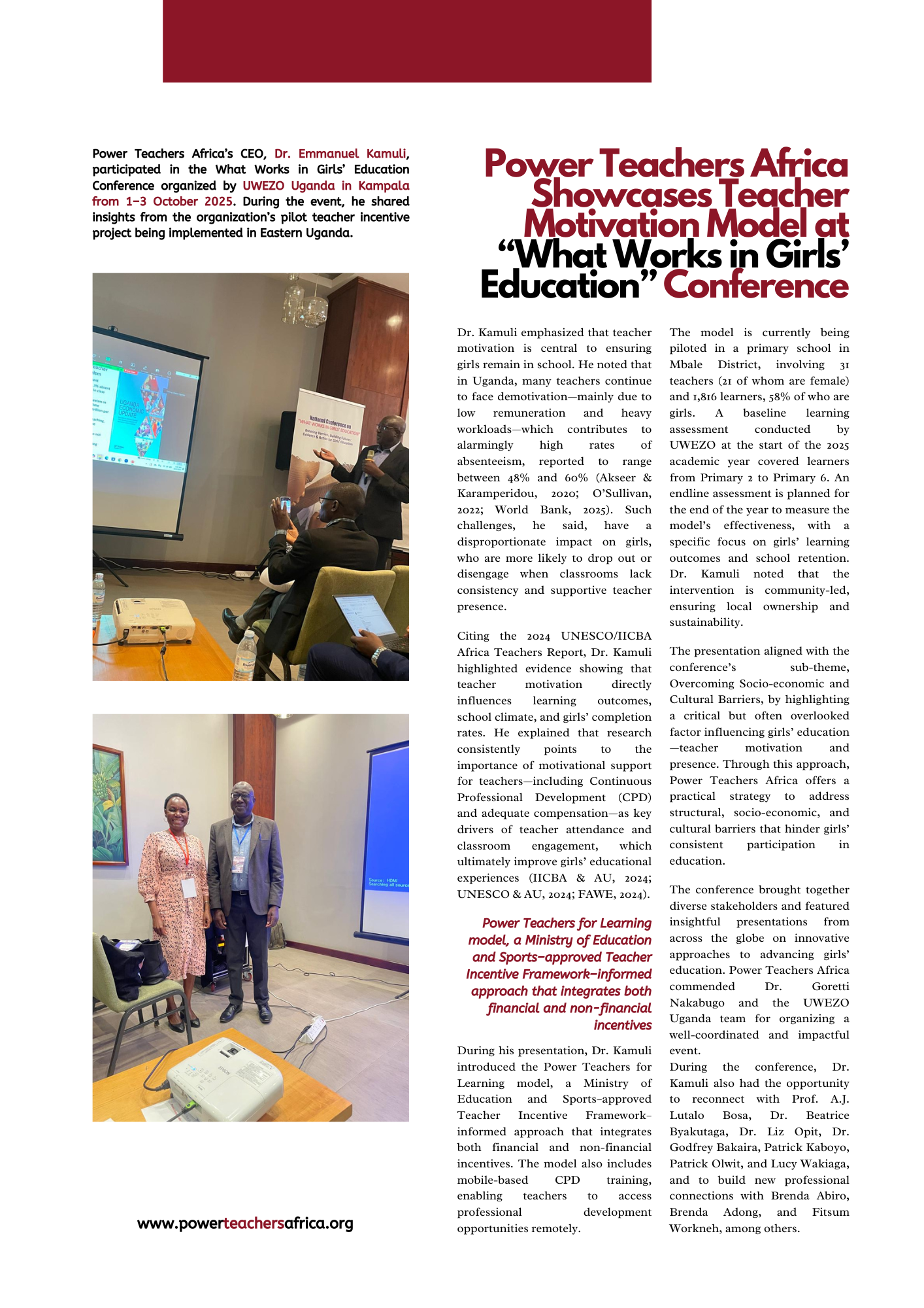 Power Teachers Africa Showcases Teacher Motivation Model at “What Works in Girls’ Education” Conference
